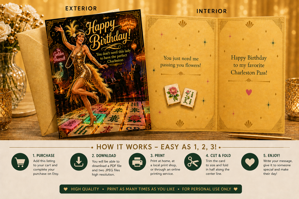 Birthday card with vintage dancer angainst gold background design and instructions for use.
