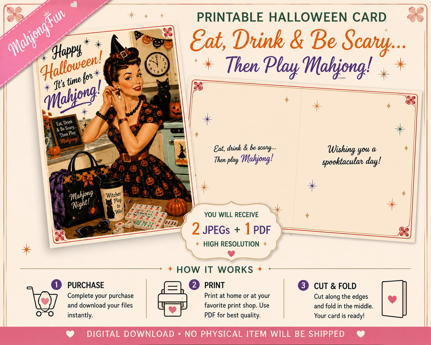 Celebrate Halloween with a little spooky fun and a lot of Mahjong! This retro-inspired printable Halloween card features a glamorous witchy Mahjong player, pumpkins, a black cat and a playful vintage Halloween design.

Perfect for your Mahjong group, Mahj bestie, hostess, friend, neighbor, or anyone who would rather spend Halloween around the Mahjong table.