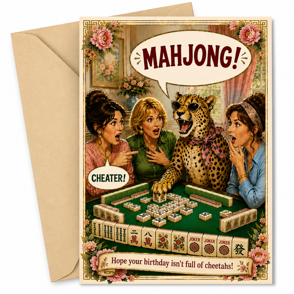 Funny Mahjong Birthday card with a leopard playing mahjong and three women reacting, featuring a speech bubble with 'MAHJONG!' and 'CHEATER!' text.