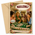 Funny Mahjong Birthday card with a leopard playing mahjong and three women reacting, featuring a speech bubble with 'MAHJONG!' and 'CHEATER!' text.