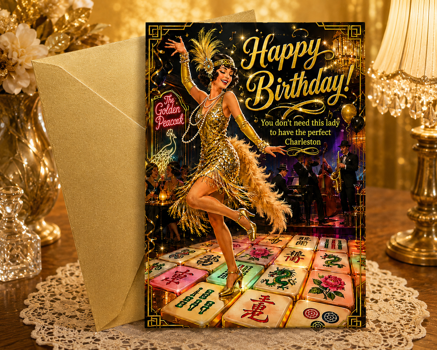 A decorative greeting card with a gold and black flapper-themed illustration and the text 'Happy Birthday!' and a personalized message, shown standing next to a kraft envelope on a table with warm decorative props.