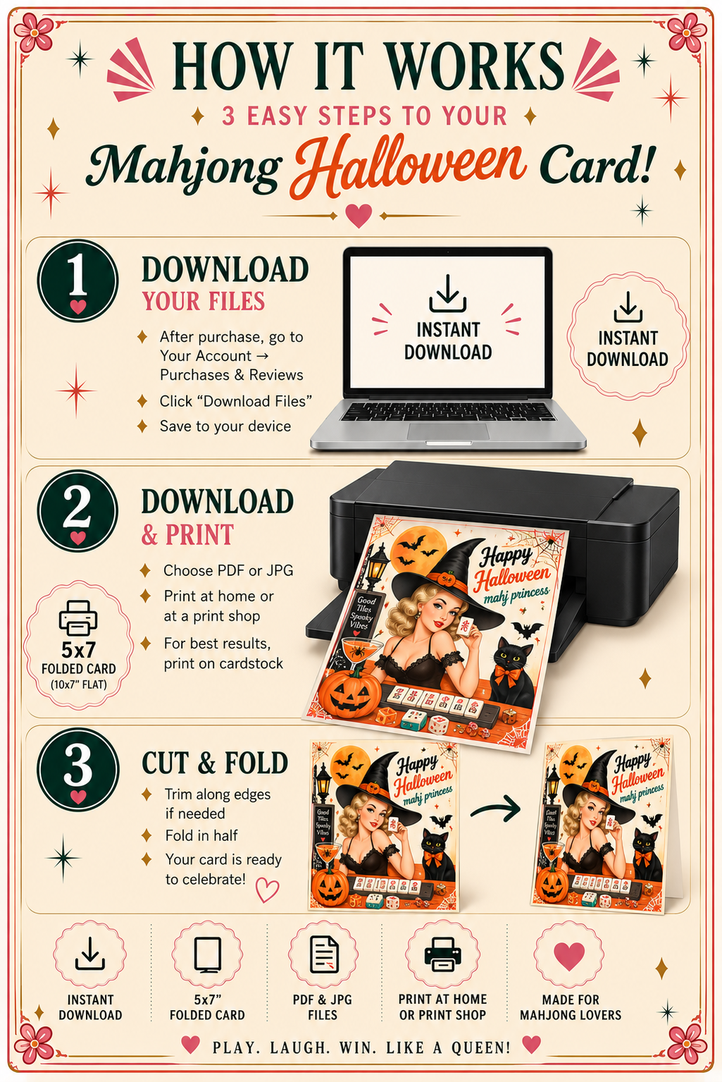 This retro-inspired Halloween Mahjong greeting card features a glamorous vintage witch, her mischievous black cat, pumpkins, bats, spiderwebs, and—of course—Mahjong tiles. With the playful greeting “Happy Halloween, Mahj Princess”, it’s a fun Halloween card for the Mahjong player who would rather be chasing jokers than ghosts.