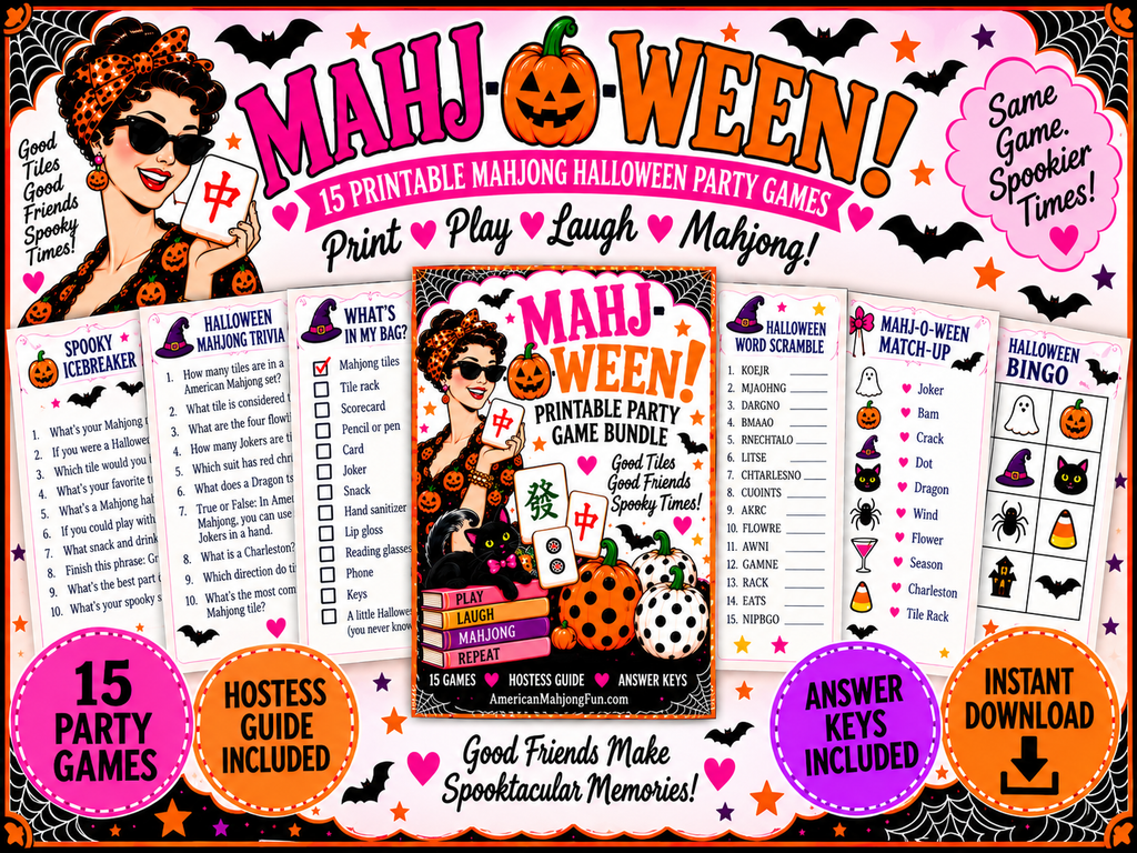 A promotional graphic for a printable Halloween party game bundle titled 'Mahj Ween!'. The design features a black background with orange and pink text, illustrated characters, bats, and decorative Halloween motifs.