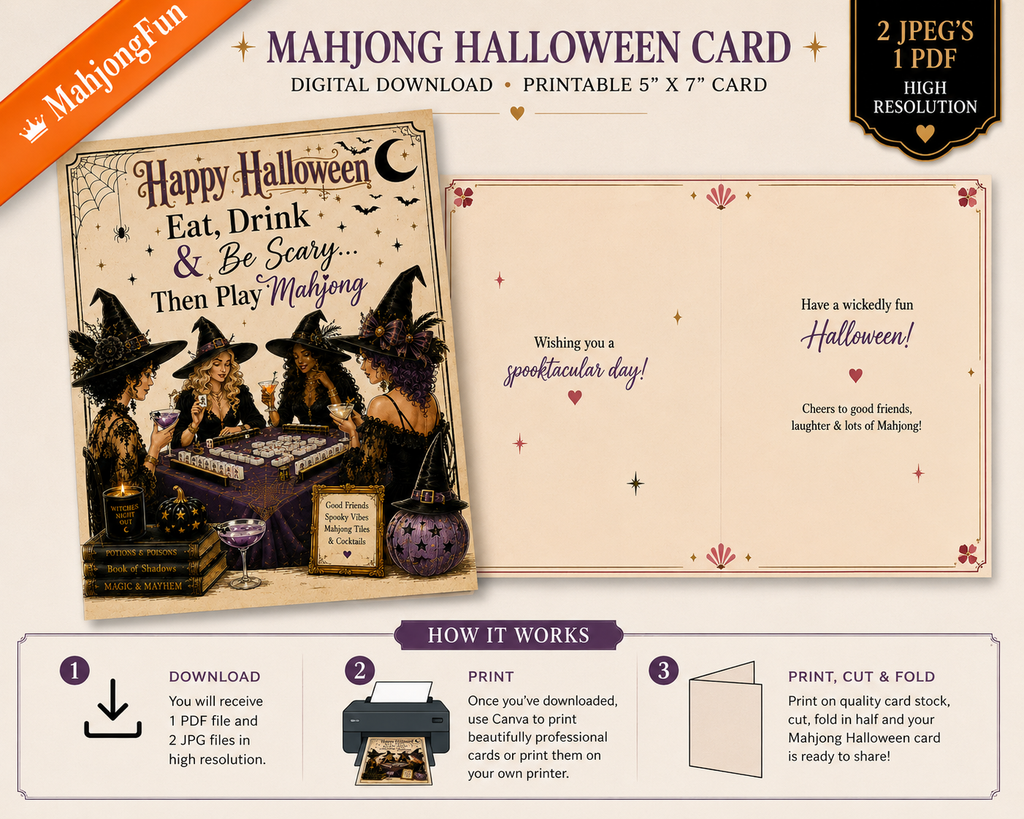 Digital mockup for a printable Mahjong Halloween card set, showing a sample card design with witch illustrations and text, plus instructions and file-download information on a beige background.