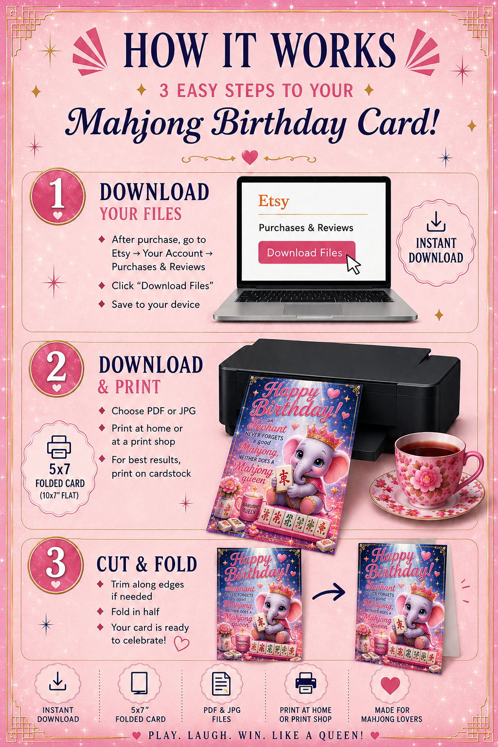 Mahjong Elephant Birthday Card Printable |Mahjong Birthday Card | Instant Digital Download (Copy) (Copy)