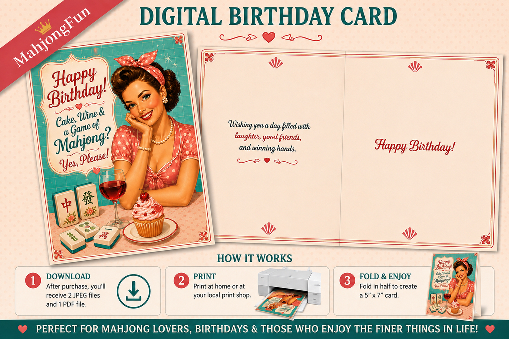 Promotional graphic for a digital birthday card template featuring a retro Mahjong-themed design. The left panel shows a styled card front with an illustrated woman, birthday message, cupcake, and mahjong tiles.