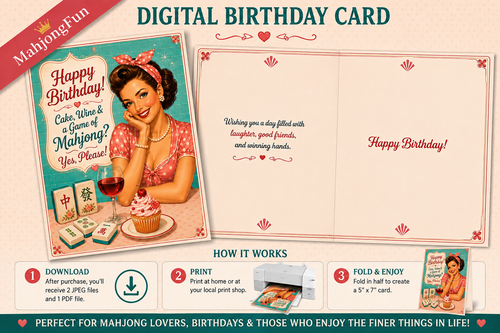 Promotional graphic for a digital birthday card template featuring a retro Mahjong-themed design. The left panel shows a styled card front with an illustrated woman, birthday message, cupcake, and mahjong tiles.