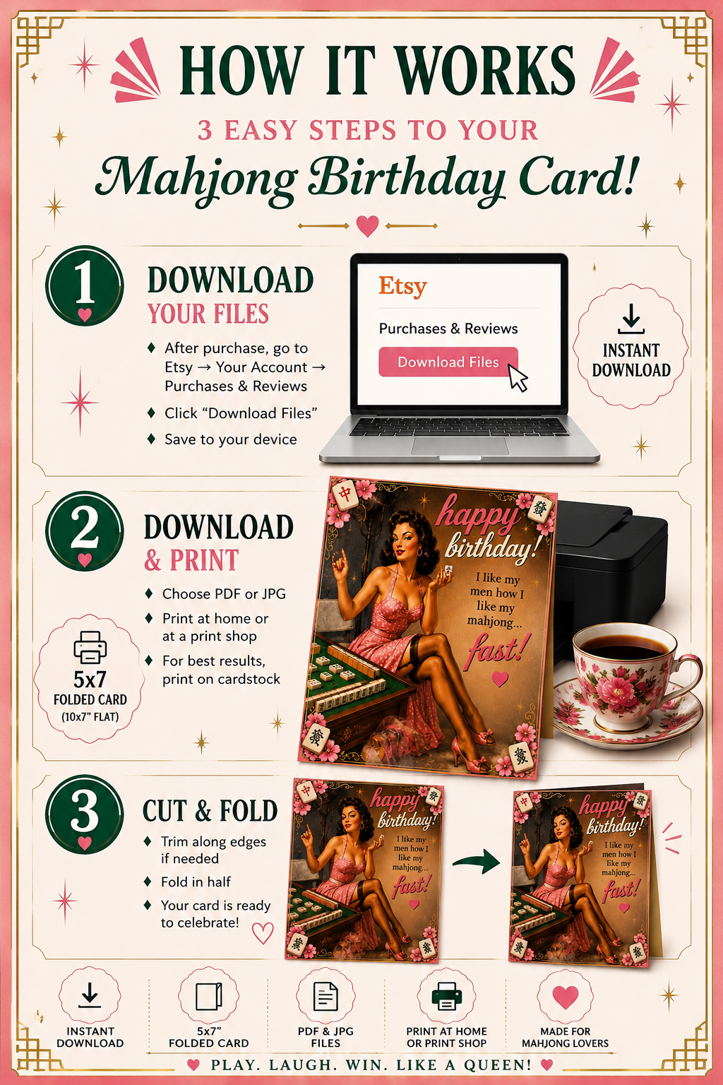 Mahjong Birthday Card Funny Printable | Retro Forties Mahjong Queen |  Pin-Up Birthday Card | Instant Digital Download