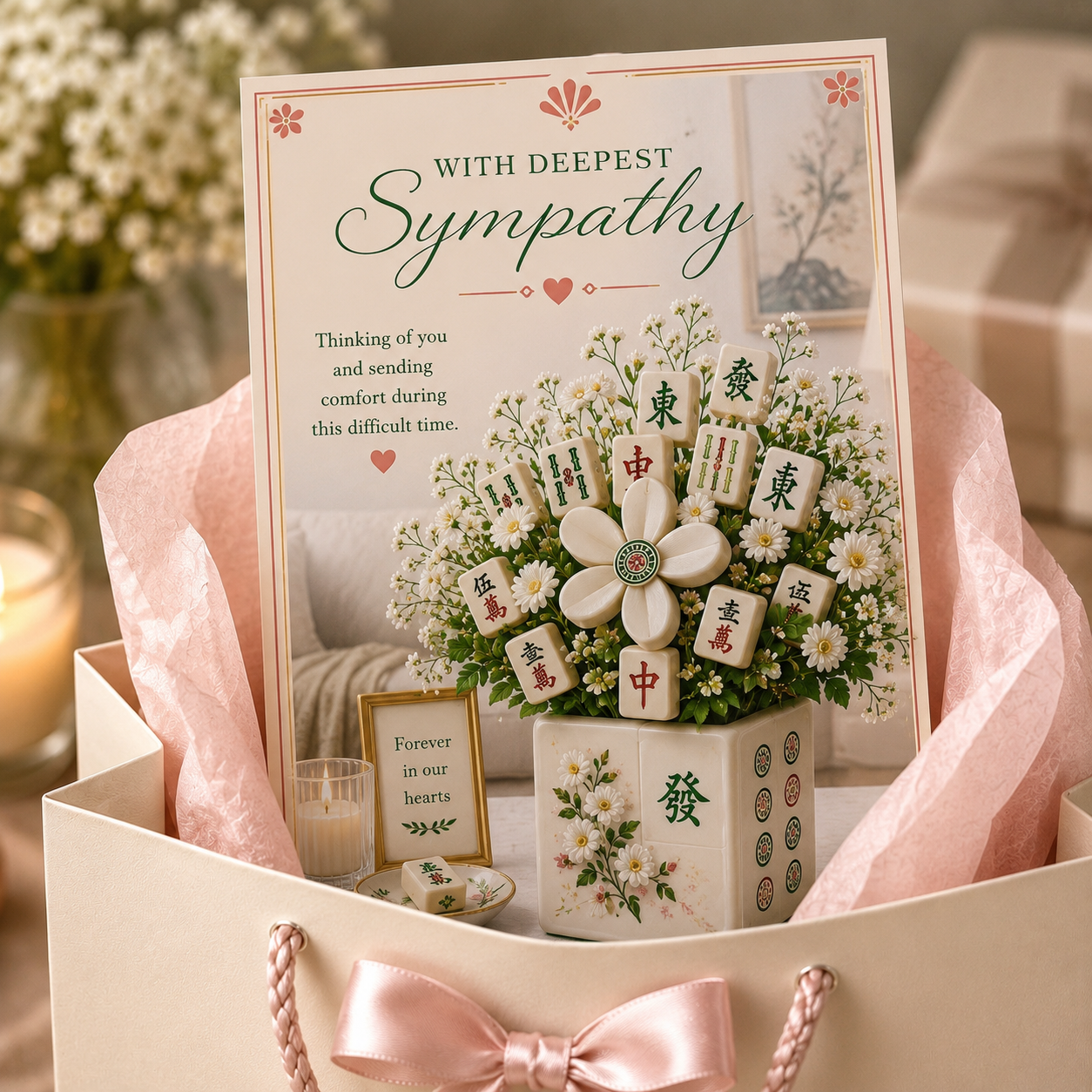 A sympathy gift set presented in a cream gift bag with a pink satin bow. The set includes a printed card reading 'WITH DEEPEST Sympathy,' a small candle, a mini plaque, and a floral arrangement made from white daisies, green leaves, and white ceramic Chinese mahjong tiles arranged in a floral pot.