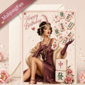 A styled birthday greeting card featuring a 1920s flapper woman in a purple flapper dress and gloves, surrounded by mahjong tiles and the words 'Happy Birthday.' The card is shown with an envelope behind it on a soft beige background with decorative flowers and a pink diagonal banner reading 'MahjongFun.