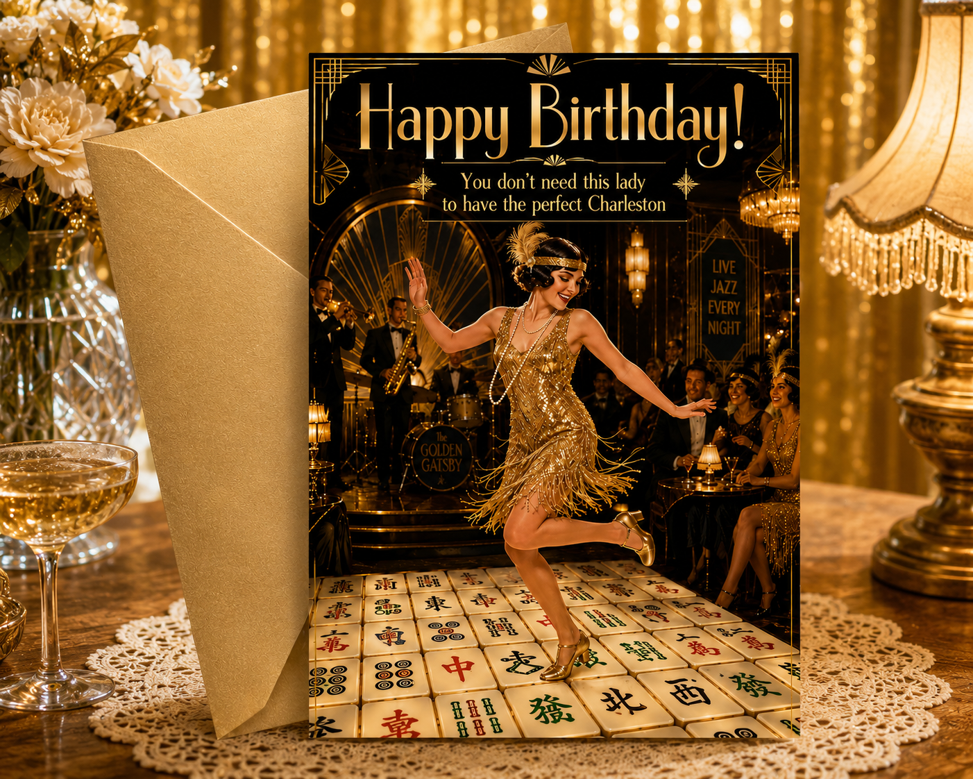 A personalized 1920s flapper-themed birthday card with an envelope, displayed on a wooden table with a champagne glass, lace doily, and lamps in the background.