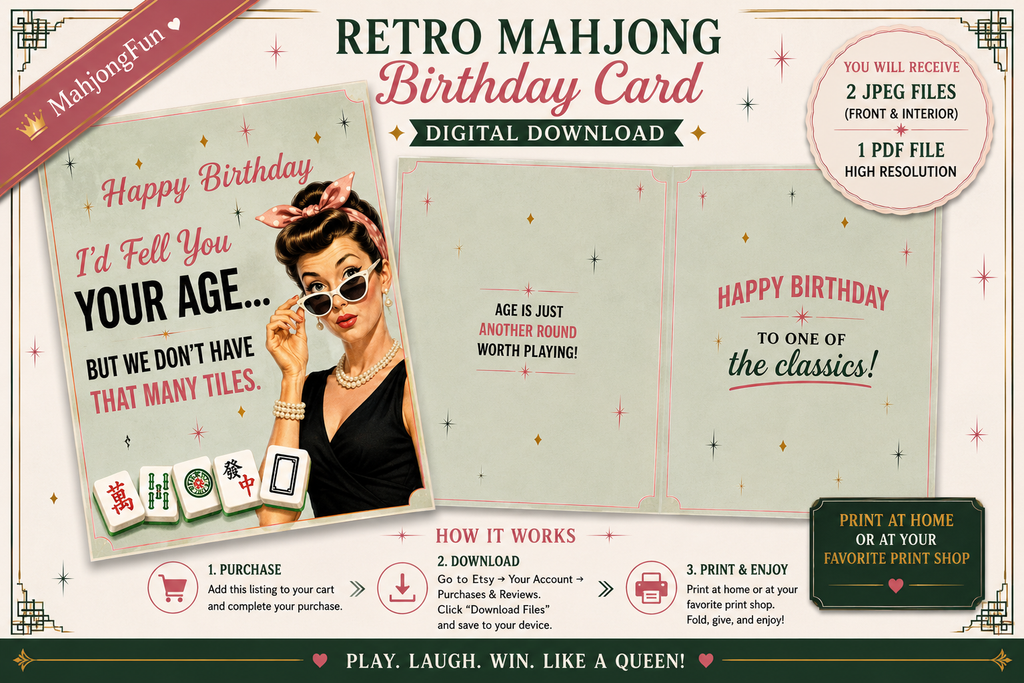 Retro mahjong birthday card digital download template set featuring a vintage 1950s-style illustrated card and two blank card layouts, with text, game references, and purchase/how-to instructions on a decorative beige and green background.