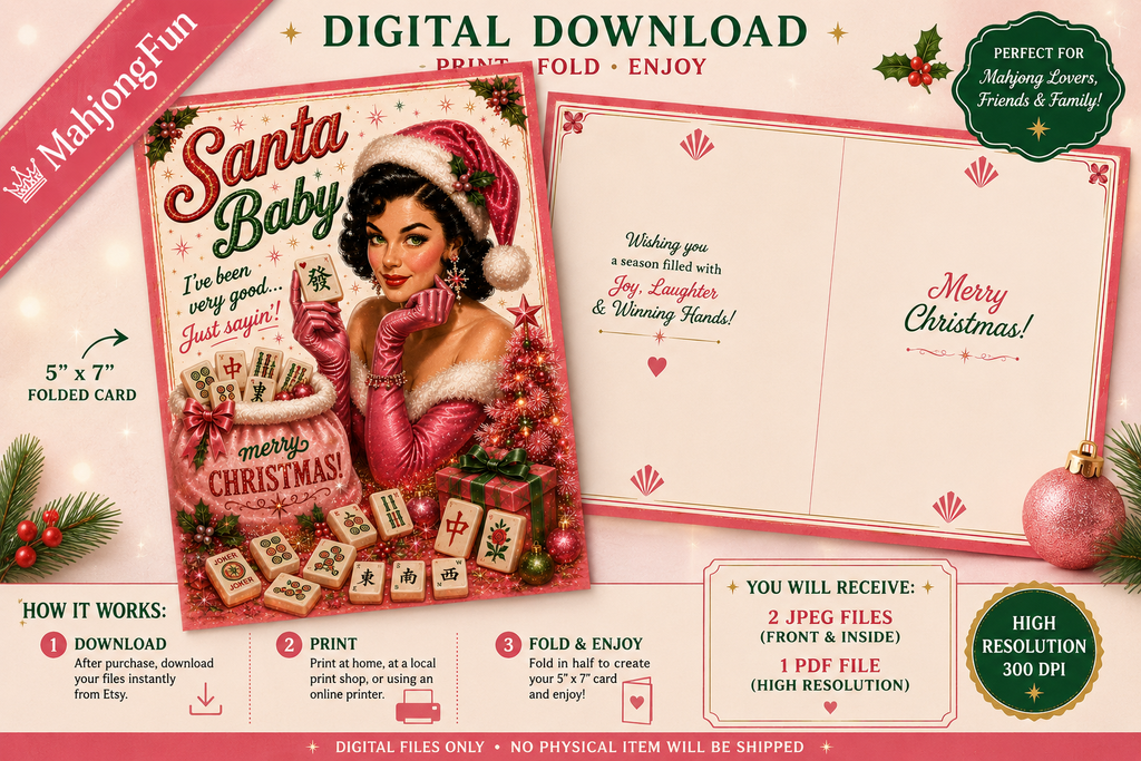Digital download printable holiday card template set with front and back designs, shown on a decorative infographic background with text explaining the download process and included files.