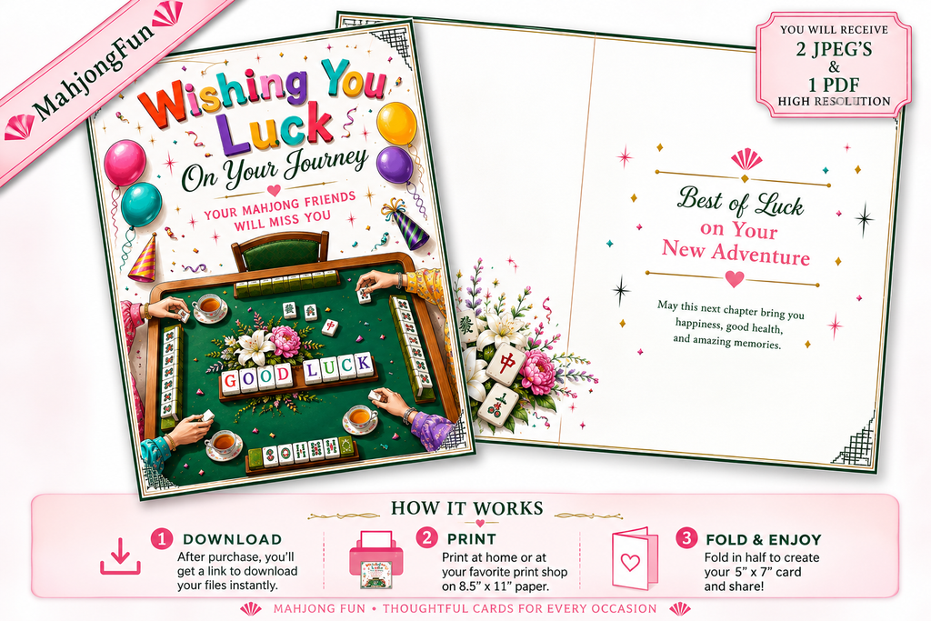 A digital preview of a 'Wishing You Luck On Your Journey' card set, showing both the front cover and an open interior page with a game board design. The image includes promotional text, file details ('2 JPEG'S & 1 PDF'), and a 'How It Works' section at the bottom.