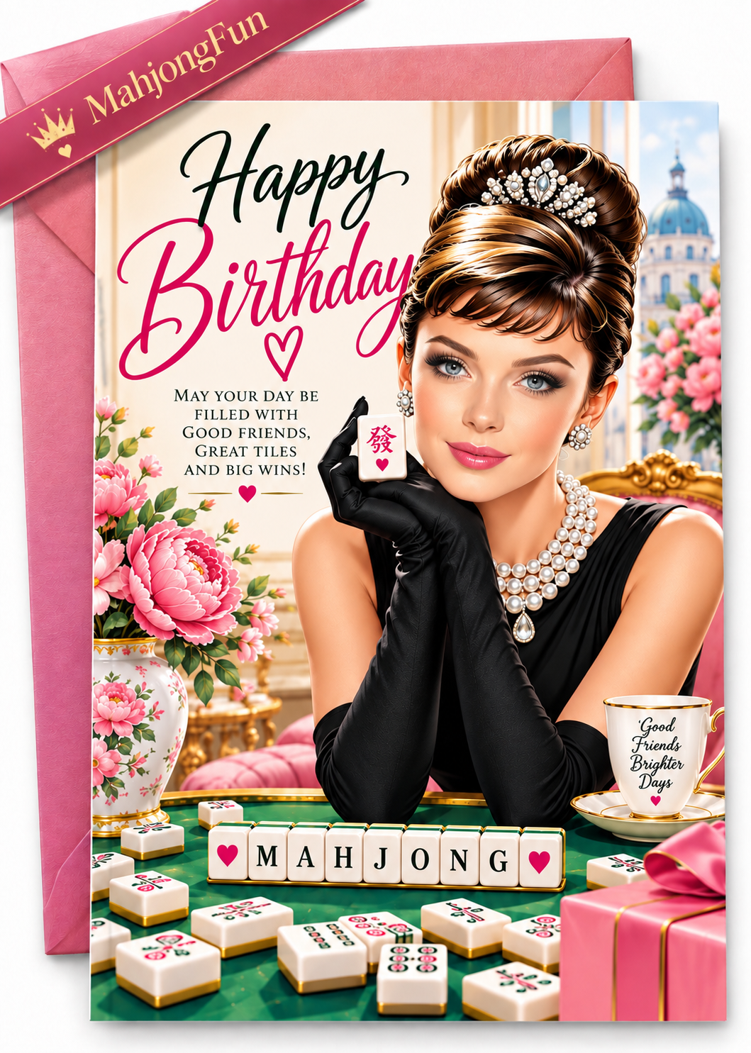 A pink and gold Happy Birthday greeting card featuring an illustrated portrait of Audrey Hepburn in a black dress and gloves, surrounded by mahjong tiles, flowers, and a teacup, with a pink envelope behind it.