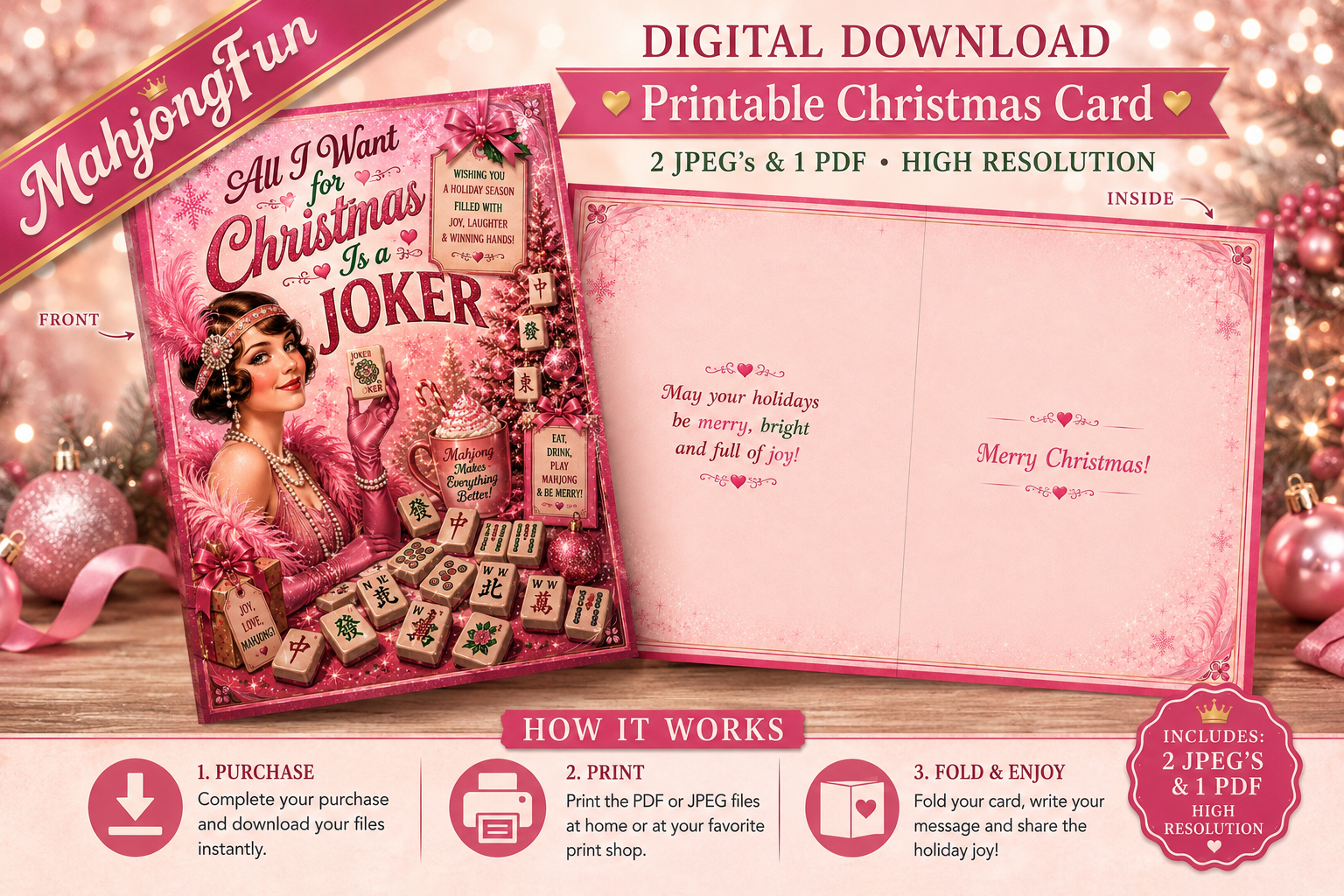 Promotional graphic for a printable Christmas card digital download, showing a pink illustrated card front and back, holiday ornaments, and text describing the included files and steps to use the printable.