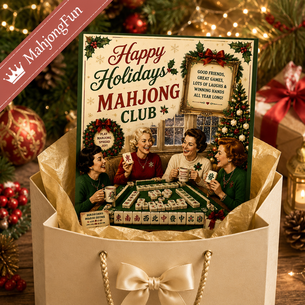 A boxed holiday-themed mahjong set presented in a cream gift bag with a bow, surrounded by Christmas decorations and warm string lights. The front card reads 'Happy Holidays Mahjong Club' with festive greenery and an illustration of four people playing.