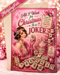 A pink Christmas greeting card with a retro 1920s flapper woman illustration and mahjong tile graphics, shown standing in front of an envelope on a pink holiday background. A diagonal 'MahjongFun' banner appears in the top left.
