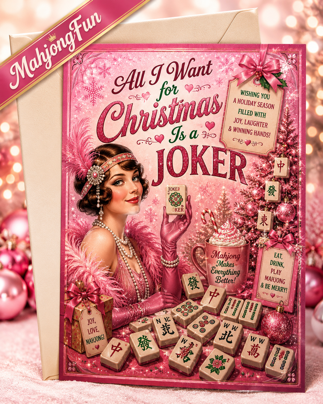 A pink Christmas greeting card with a retro 1920s flapper woman illustration and mahjong tile graphics, shown standing in front of an envelope on a pink holiday background. A diagonal 'MahjongFun' banner appears in the top left.