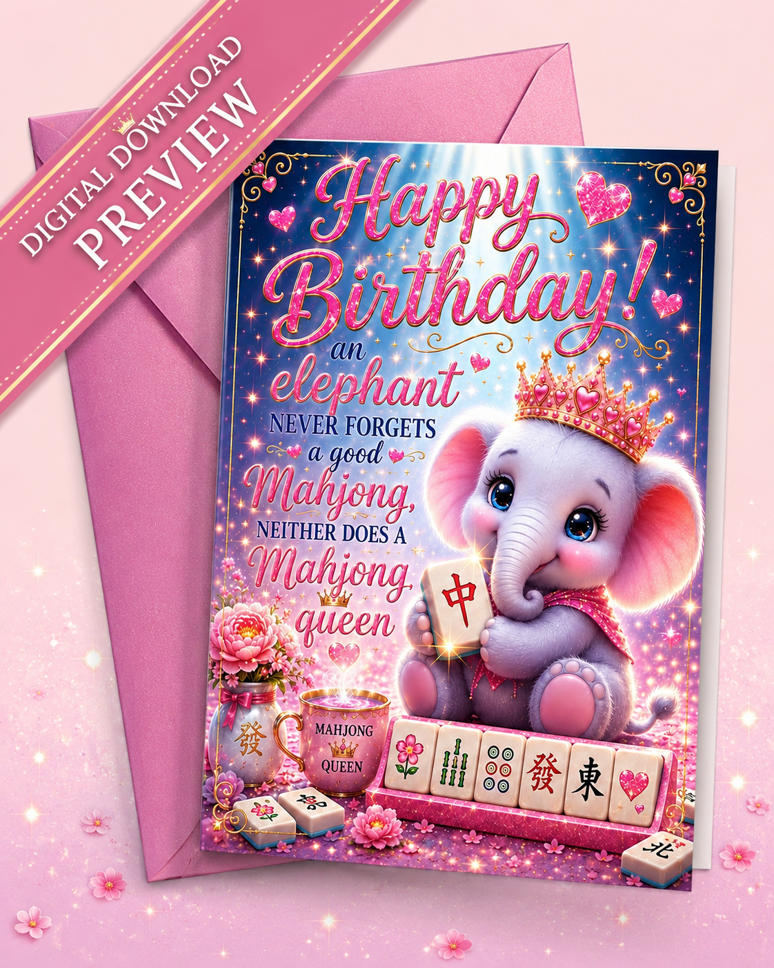 Mahjong Elephant Birthday Card Printable |Mahjong Birthday Card | Instant Digital Download (Copy) (Copy)