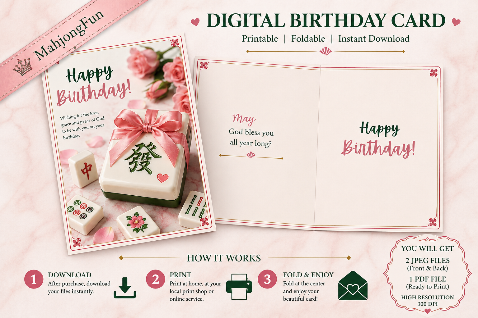 Digital birthday card template preview with front and back designs, pink floral graphics, Chinese characters, and a step-by-step download instructions panel on a pale pink background.