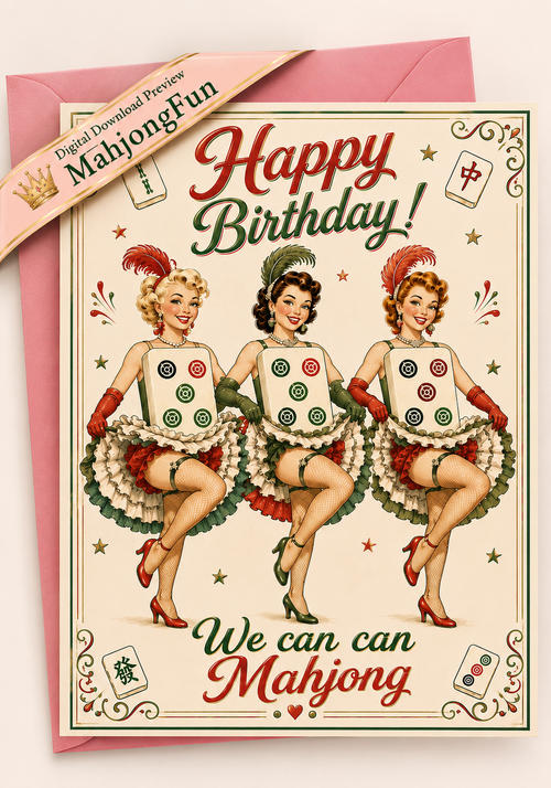 A retro-style birthday card featuring three pin-up women holding mahjong tiles, with the text 'Happy Birthday! We can can Mahjong.' A pink envelope is partially visible behind the card, and a diagonal banner reads 'Digital Download Preview MahjongFun.