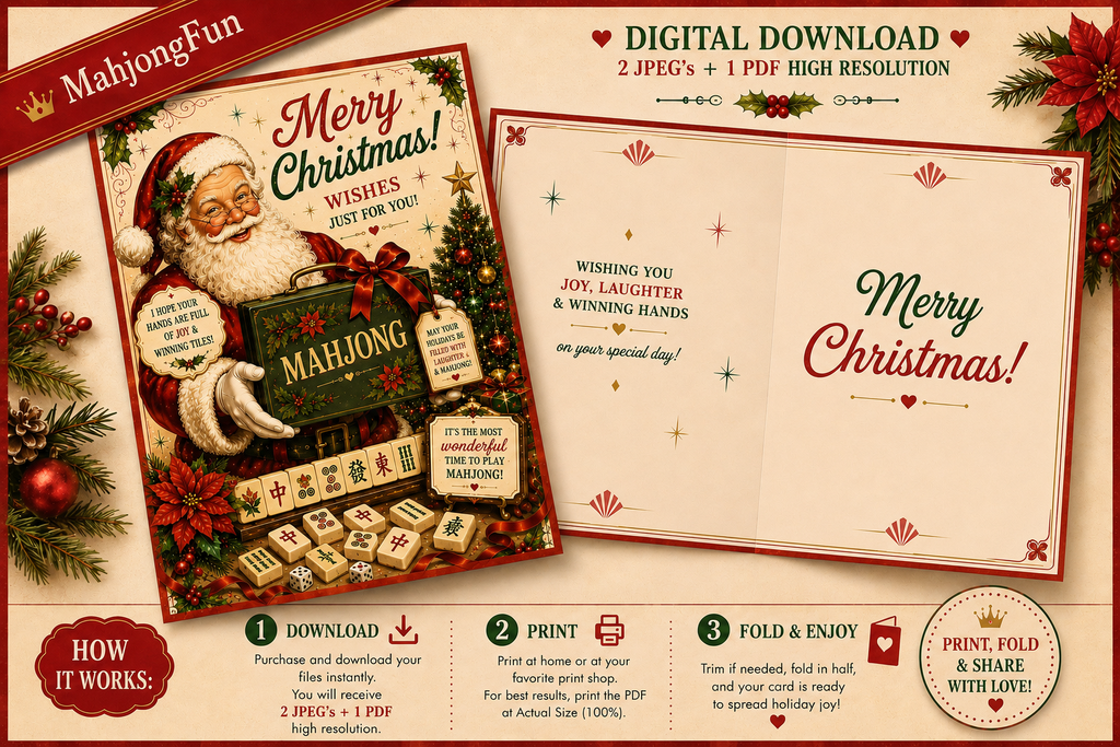 Mahjong Santa Christmas Card | Traditional Holiday Christmas Card | Digital Download