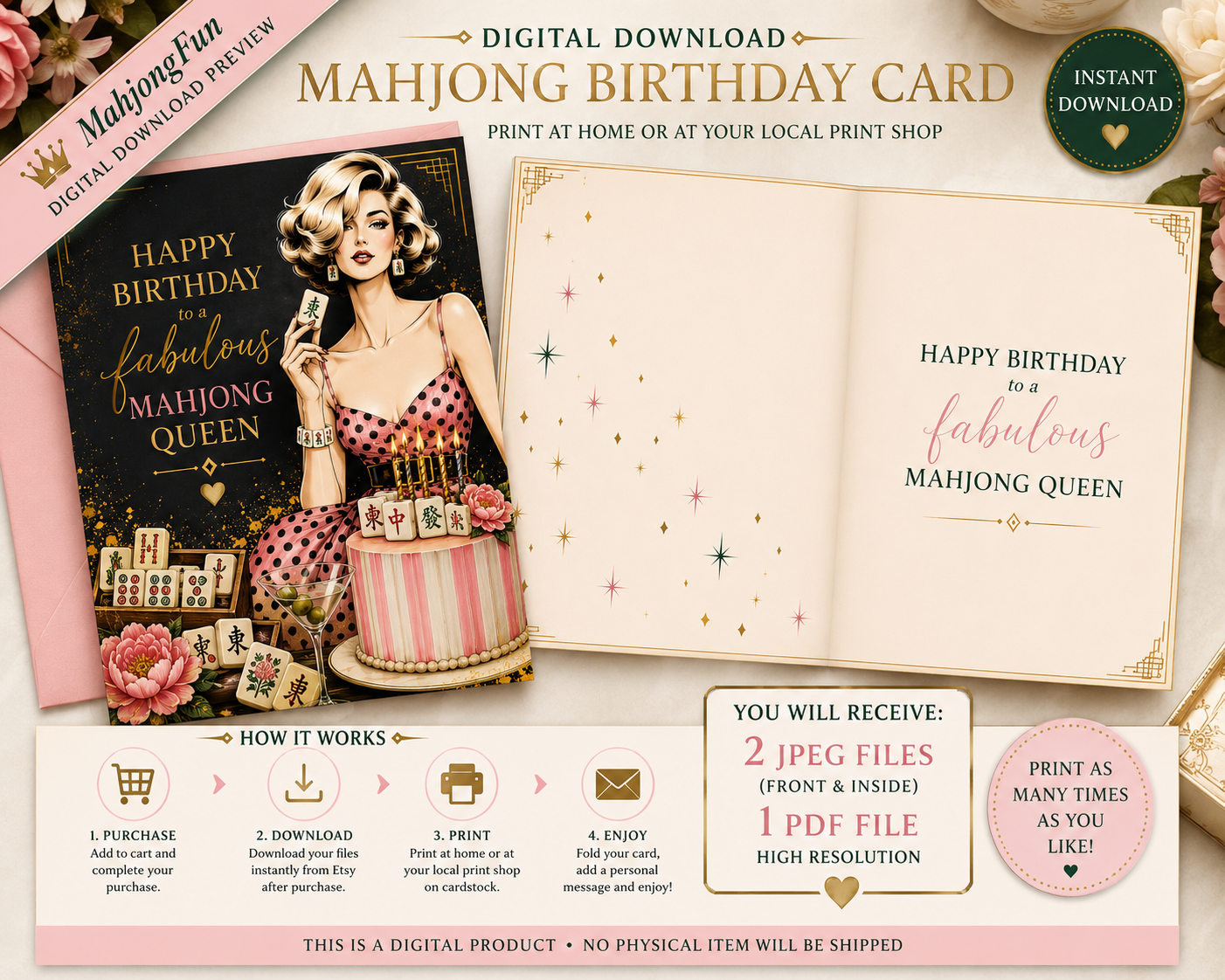 Mahjong Queen Birthday Card, Art Deco Style, Elegant Mahjong Gift (Digital Download)