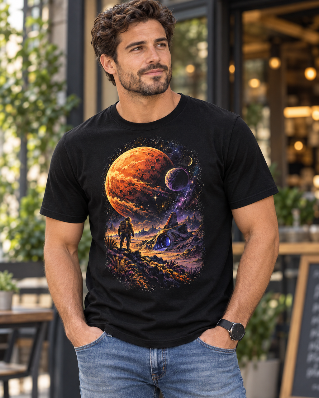 A man wearing a black short-sleeve graphic t-shirt with a colorful outer space print, standing in front of a cafe storefront.