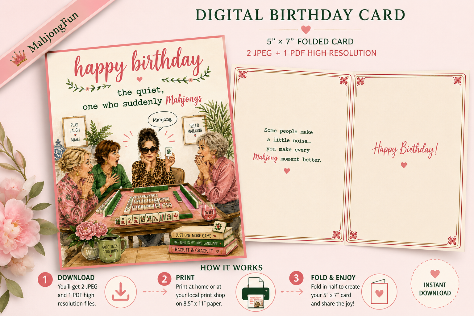 Digital birthday card template preview with a pink floral design, showing a folded card front with an illustrated scene and two back panels with text placeholders. Text reads 'DIGITAL BIRTHDAY CARD' and includes step-by-step download/print-fold instructions.