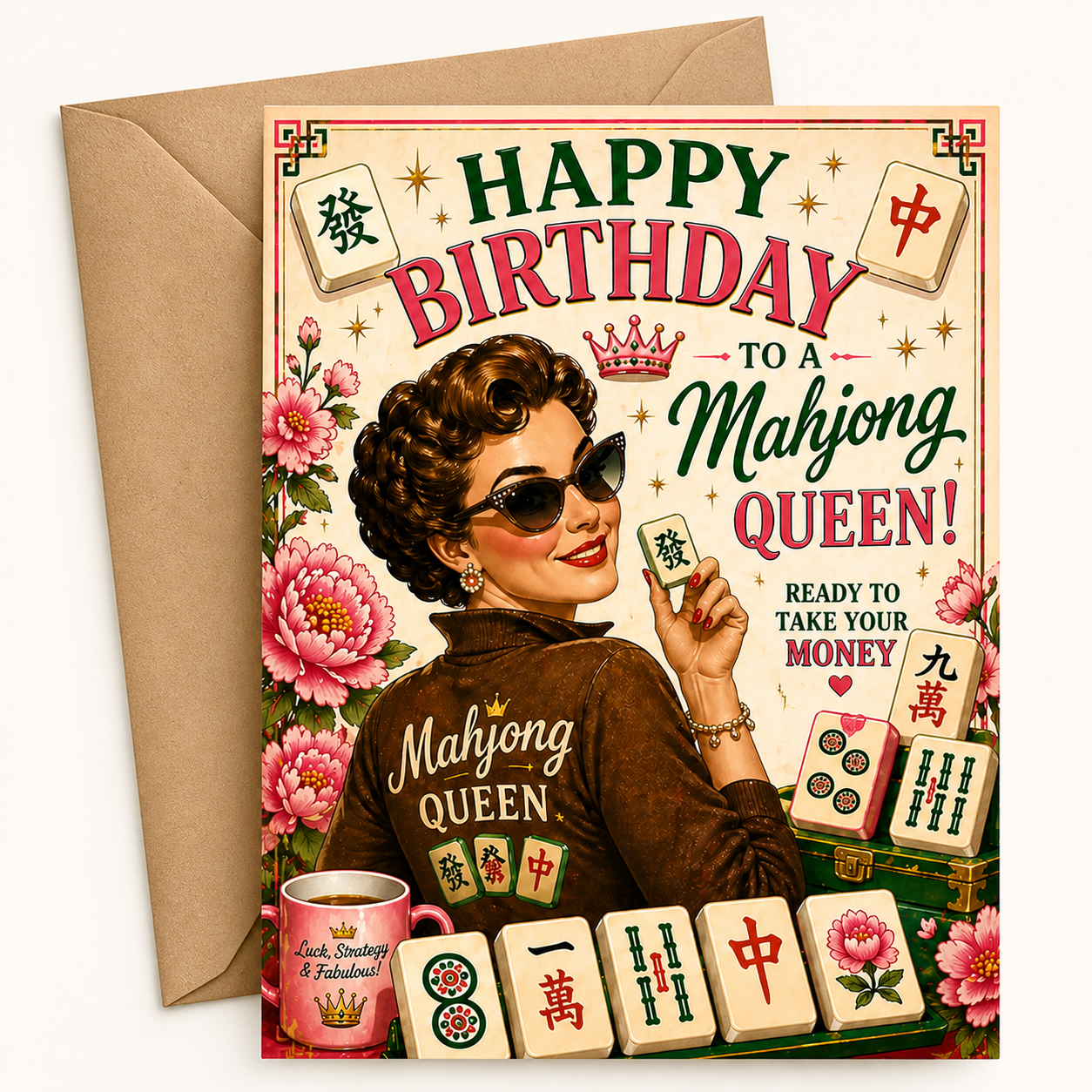 A retro-style birthday greeting card with a kraft paper envelope behind it. The card features vintage illustration art of a woman in sunglasses holding a mahjong tile, surrounded by pink flowers and mahjong tiles, with the text 'HAPPY BIRTHDAY TO A Mahjong QUEEN!'.