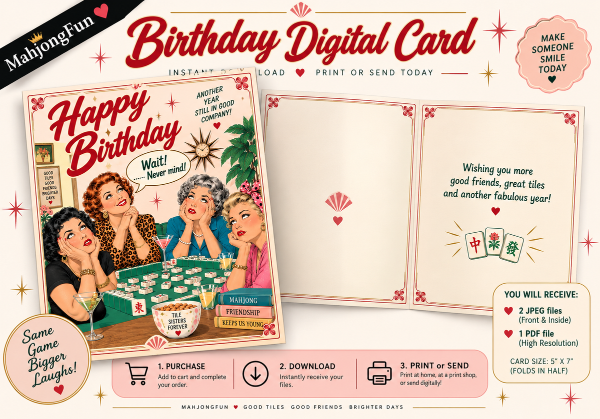 A promotional graphic for a MahjongFun Birthday Digital Card, showing a colorful front cover with illustrated women at a mahjong table, an open interior page with decorative borders and text, and informational callouts about file formats and card size.
