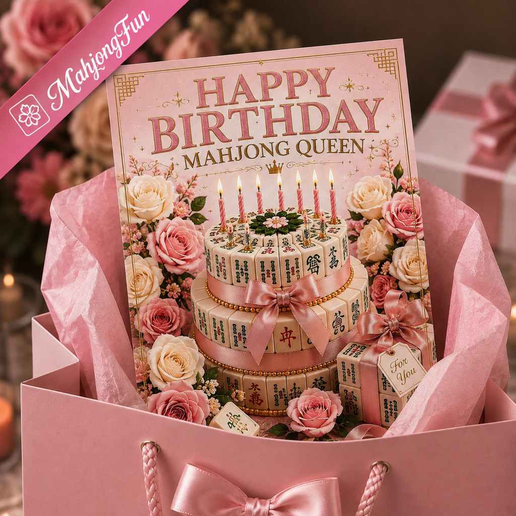 A pink birthday gift set featuring a printed card that reads 'HAPPY BIRTHDAY MAHJONG QUEEN' above an illustrated tiered cake with candles, surrounded by roses and mahjong tiles, presented in a pink gift bag with tissue paper.