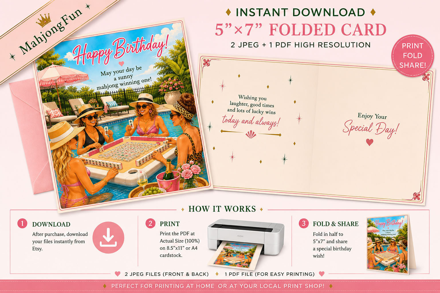 Make her birthday a winning one with this fun Printable Mahjong Birthday Card featuring four stylish friends playing Mahjong in a sunny swimming pool!

Perfect for the Mahjong-loving friend, mom, sister, grandmother, Mah Jongg partner, or member of your Mahjong group, this colorful pool-party birthday card combines sunshine, friendship and everyone’s favorite game.
