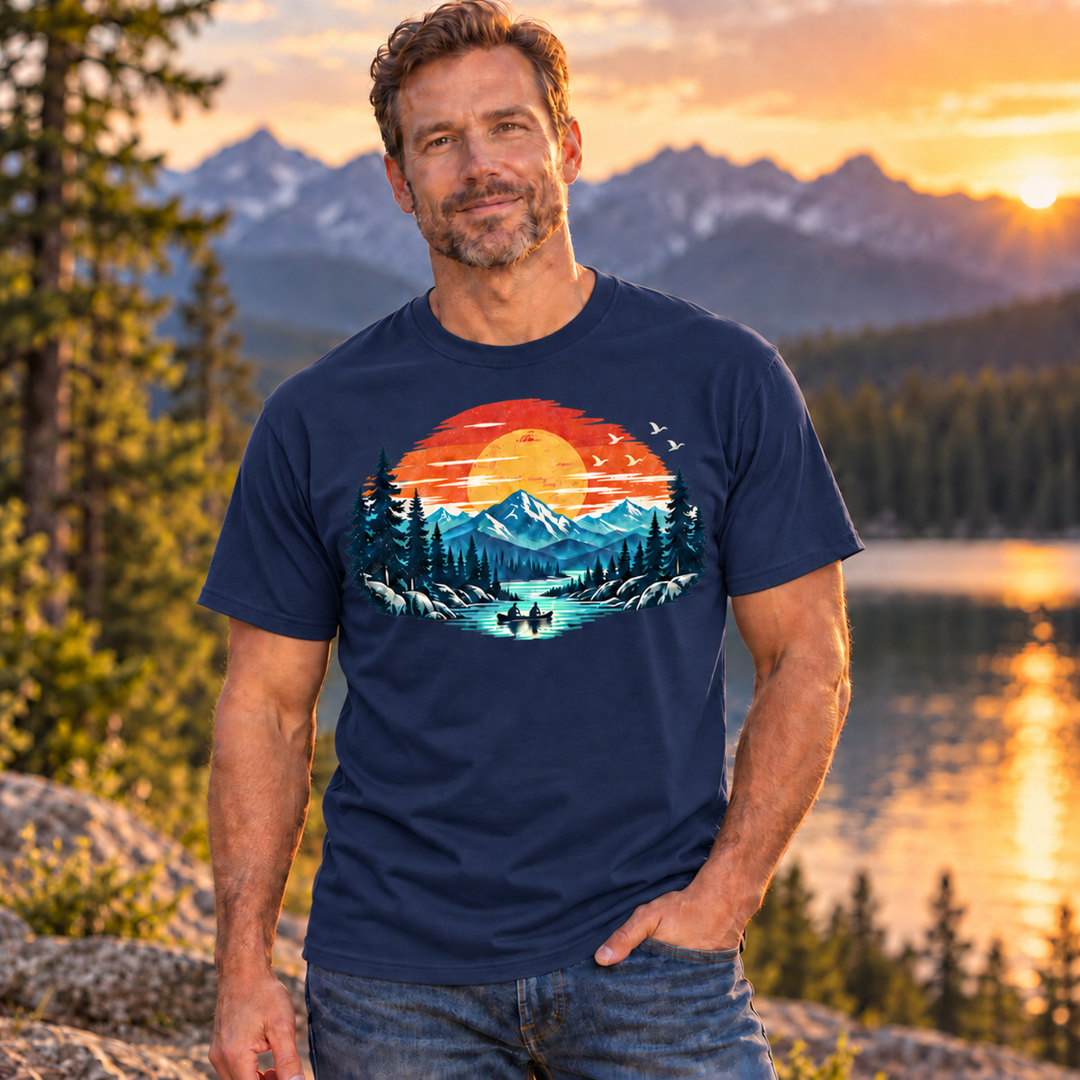 This classic blue cotton T-shirt features a vivid sunset landscape with snowcapped peaks, towering evergreens, reflective blue water, and two paddlers enjoying the stillness of the lake.