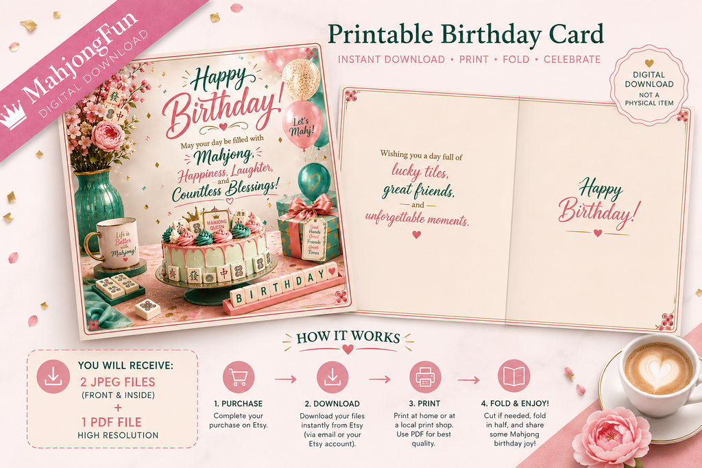 A promotional graphic for a printable birthday card template set, showing a decorated front cover, an open interior with message cards, and a coffee cup with a heart-shaped latte. Text reads 'Printable Birthday Card,' 'Instant Download,' and 'Print & Fold.