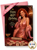 A 40th birthday card featuring a retro 1950s casino-themed illustration of a woman in a pink gown holding a playing card, with mahjong tiles and a cocktail glass on a table. The card is shown with a pink envelope behind it, and a 'MahjongFun' ribbon and a circular 'As Seen on NBC' badge are overlaid.