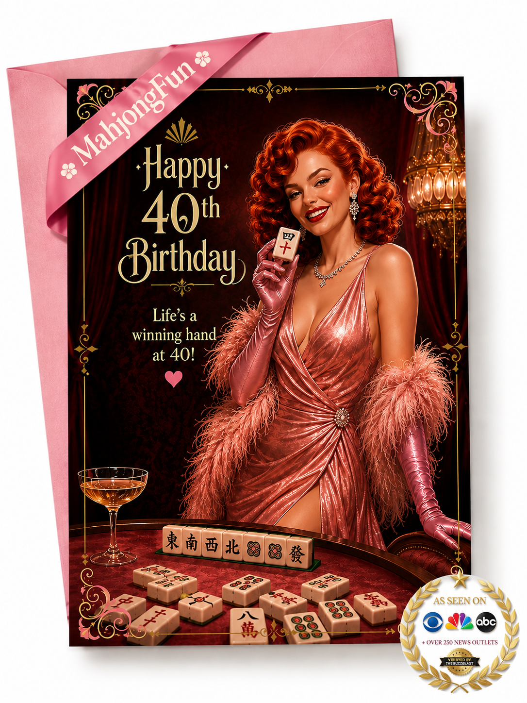 A 40th birthday card featuring a retro 1950s casino-themed illustration of a woman in a pink gown holding a playing card, with mahjong tiles and a cocktail glass on a table. The card is shown with a pink envelope behind it, and a 'MahjongFun' ribbon and a circular 'As Seen on NBC' badge are overlaid.