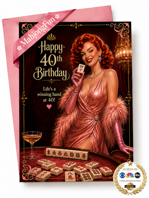 A 40th birthday card featuring a retro 1950s casino-themed illustration of a woman in a pink gown holding a playing card, with mahjong tiles and a cocktail glass on a table. The card is shown with a pink envelope behind it, and a 'MahjongFun' ribbon and a circular 'As Seen on NBC' badge are overlaid.