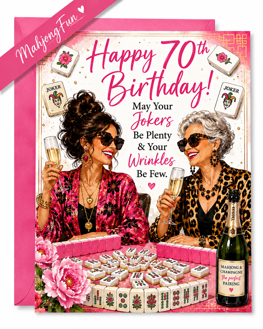 A square greeting card or print featuring a pink-themed 70th birthday design with the text 'Happy 70th Birthday!' and a playful illustration of two women at a mahjong table, surrounded by pink flowers, mahjong tiles, sunglasses, and a bottle of champagne. A pink ribbon in the top left reads 'MadjieFun'.