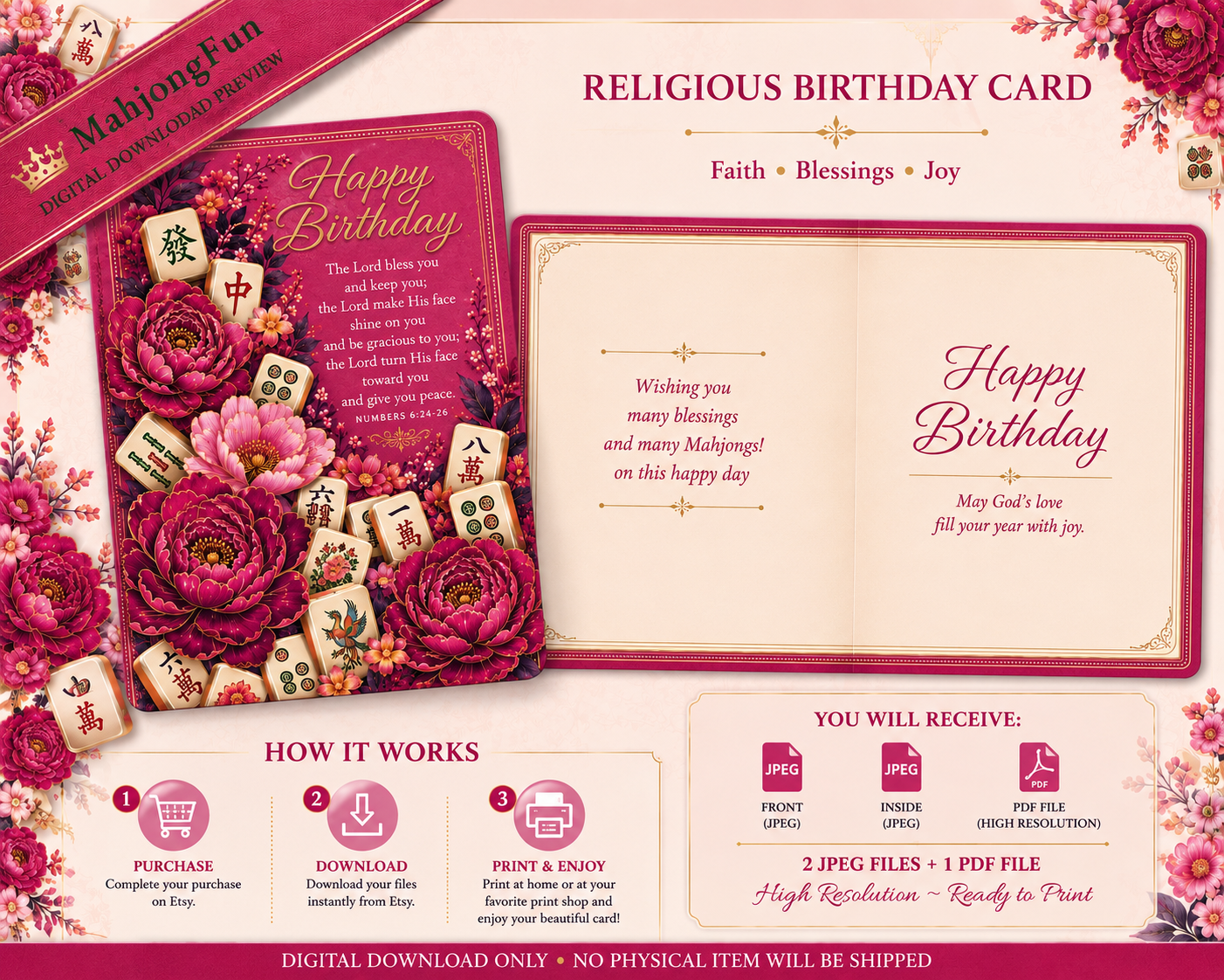 Religious Mahjong Birthday Card | Christian Printable Birthday Card | Bible Verse Greeting Card | Digital Download | 5x7 Folded Card | Instant Download