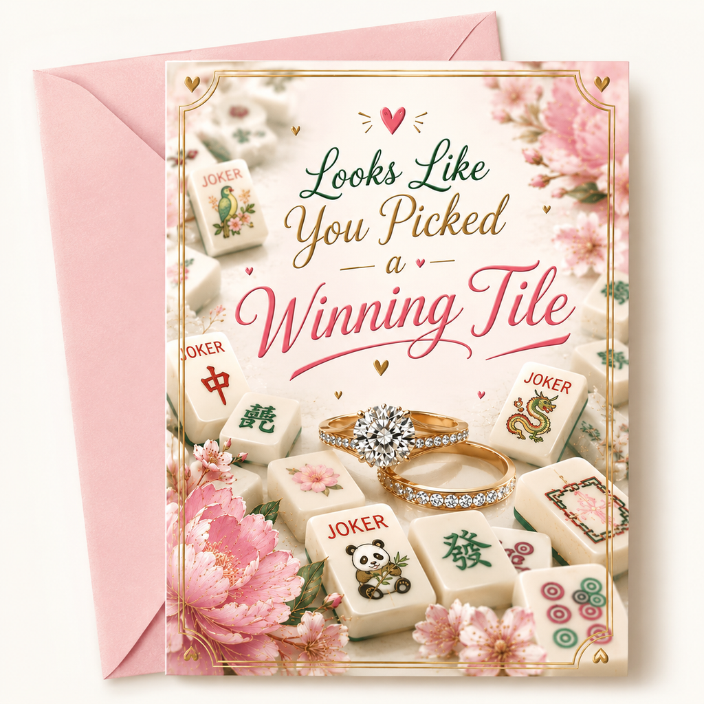 A mahjong themed engagement greeting card with a pink envelope behind it. The card features the phrase 'Looks Like You Picked a Winning Tile' in decorative script over an illustration of mahjong tiles, including a central ring and diamond motif, with pink flowers and gold border details.
