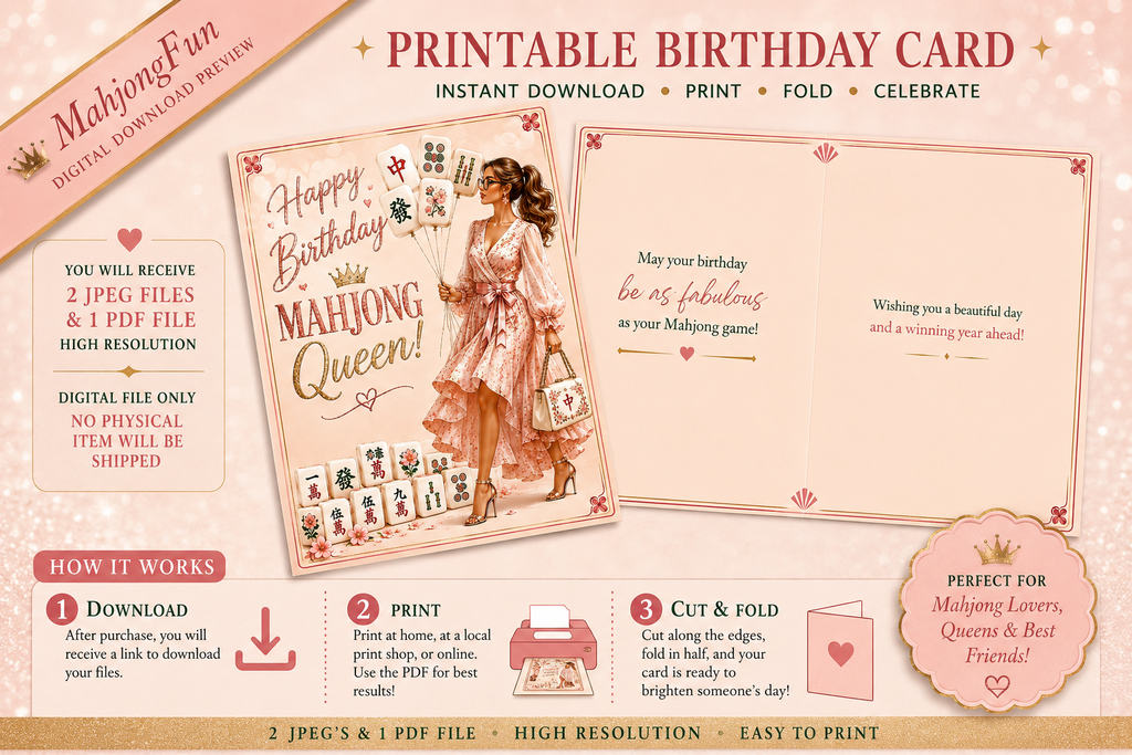 A promotional graphic for a printable birthday card template. The design shows a pink and beige card layout with decorative text reading 'Happy Birthday to you!' and 'Mahjong Queen!', plus step-by-step instructions and file-format details on a pale pink background.