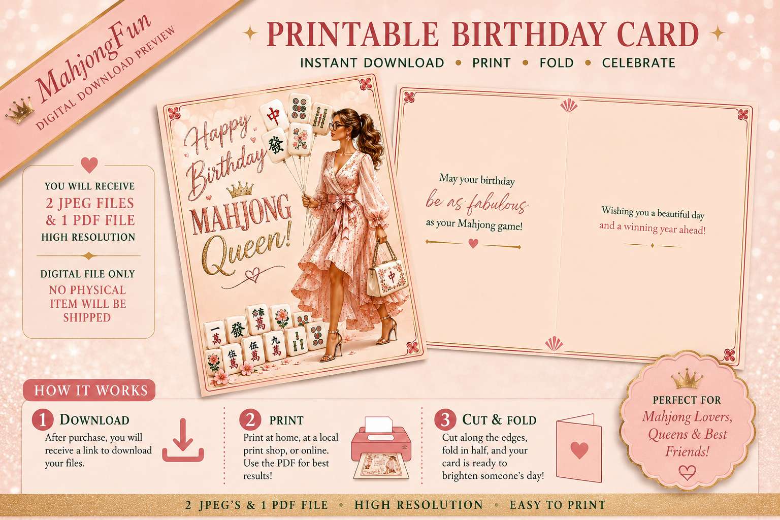 A promotional graphic for a printable birthday card template. The design shows a pink and beige card layout with decorative text reading 'Happy Birthday to you!' and 'Mahjong Queen!', plus step-by-step instructions and file-format details on a pale pink background.