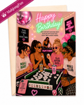 A birthday greeting card and envelope featuring a colorful party scene with four women playing mahjong, pink disco balls, balloons, and bold text including 'Happy Birthday!' and 'MAHJONG NIGHTS WILL DIFFERENT'.
