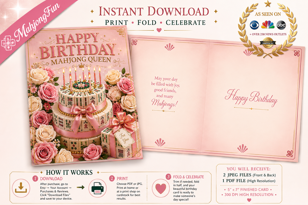 A pink birthday card featuring a decorative mahjong-themed birthday cake surrounded by pink and cream roses, with the text 'HAPPY BIRTHDAY MAHJONG QUEEN
