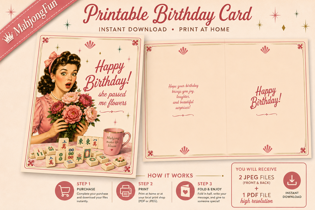 A promotional graphic for a printable birthday card template. The design shows a vintage-style card front with an illustration of a woman holding flowers and the words 'Happy Birthday! who paused me flowers,' alongside an open blank card layout and feature callouts for instant download, print at home, and included file formats.