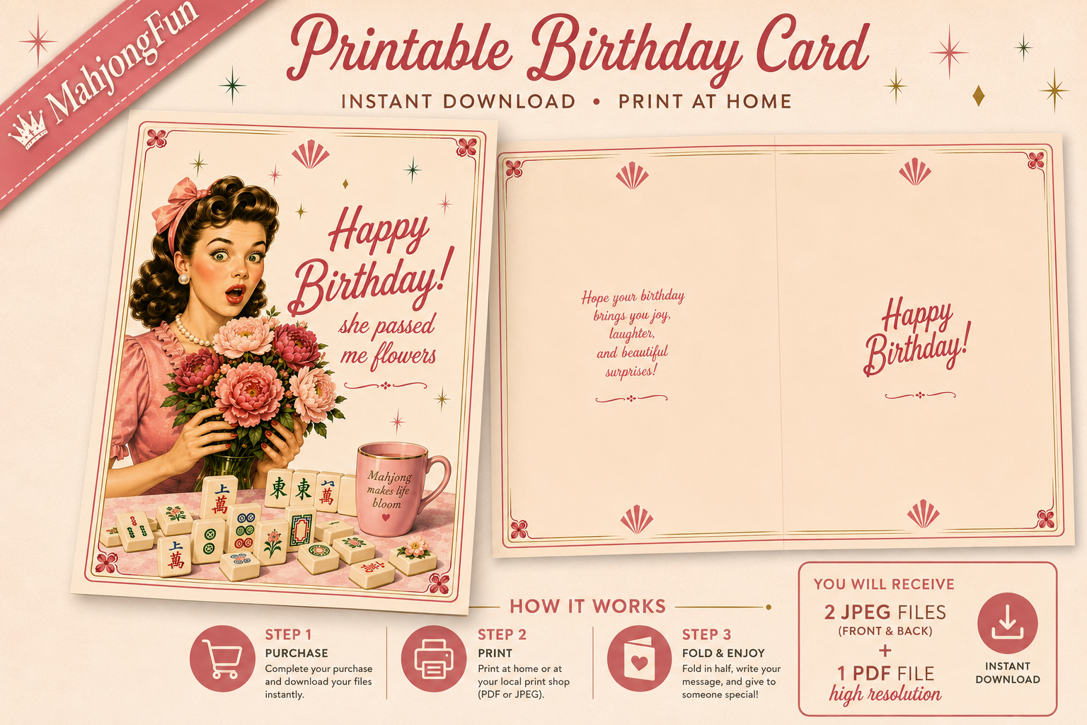 A promotional graphic for a printable birthday card template. The design shows a vintage-style card front with an illustration of a woman holding flowers and the words 'Happy Birthday! who paused me flowers,' alongside an open blank card layout and feature callouts for instant download, print at home, and included file formats.