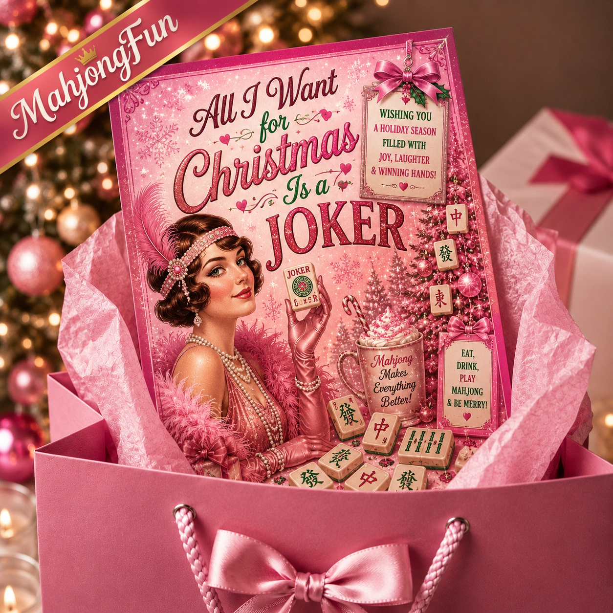A pink gift box filled with pink tissue paper and a pink-covered book titled "All I Want for Christmas Is a Joker," surrounded by holiday lights and ornaments. A pink ribbon bow sits in front of the box, and a diagonal banner in the top left reads "MahjongFun.
