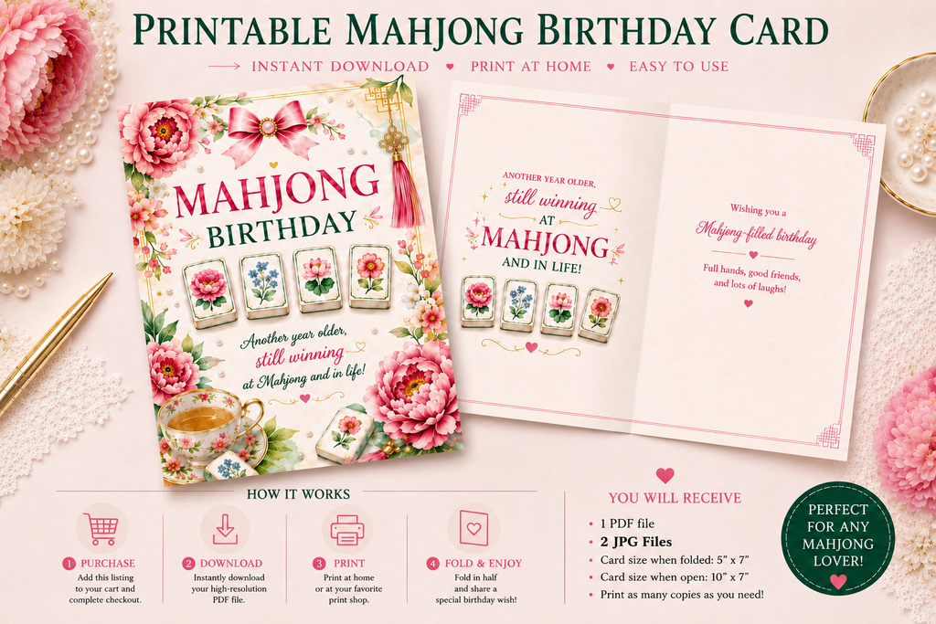 Mahjong Pink Flowers Birthday Card | Retro Flowers, (Digital Download)